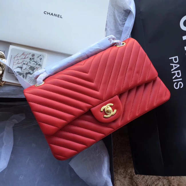 Chanel Flap Red Bag Chevron Caiar 25CM With Gold Hardware - 1