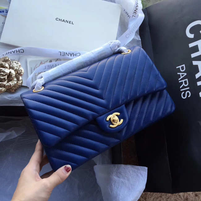 Chanel Flap Blue Bag Chevron Caiar 25CM With Gold Hardware - 1