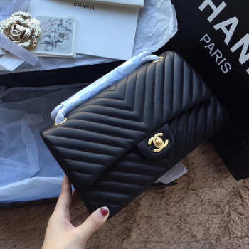 Chanel Flap Black Chevron Caiar 25CM With Gold Hardware