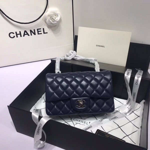 Chanel Flap Bag Lambskin Navy Blue with Silver Hardware 20CM - 1