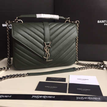 YSL Monogram Saint Laurent College Dark Green Medium Bag with Silver Hardware