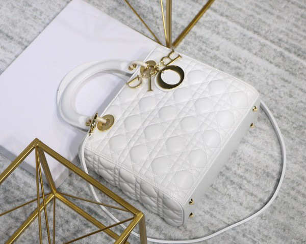 Dior Lady Dior Leather White Handbag With Gold Hardware - 1