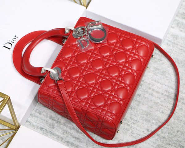 Dior Lady Dior Leather Red Handbag With Silver Hardware - 1