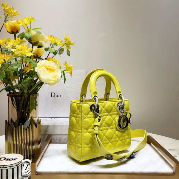 Dior Lady Dior Leather Yellow Handbag - 1