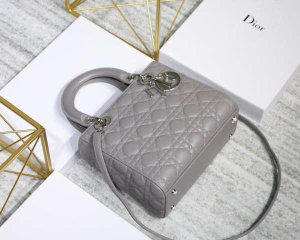 Dior Lady Dior Leather Gray Handbag With Silver Hardware - 1