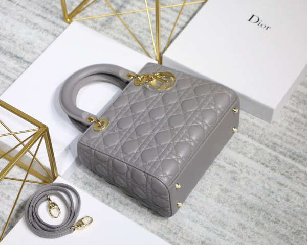 Dior Lady Dior Leather Gray Handbag With Gold Hardware - 1