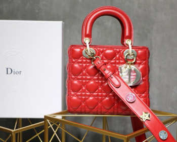 Dior Lady Dior Leather Lambskin Red Handbag with Gold Hardware