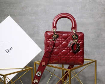 Dior Lady Dior Leather Lambskin Wine Red Handbag with Gold Hardware