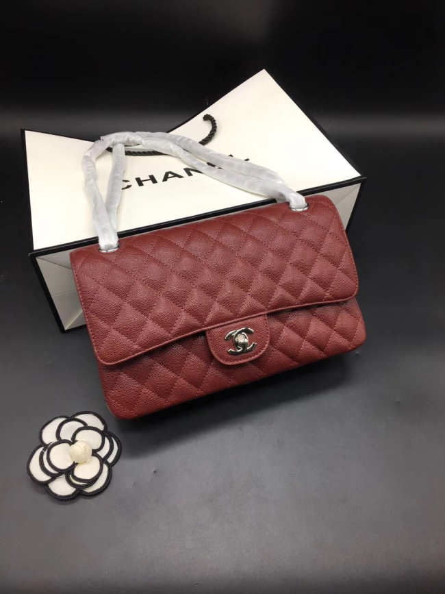 Chanel Flap Bag Caviar in Maroon Red 25cm with Silver Hardware - 1