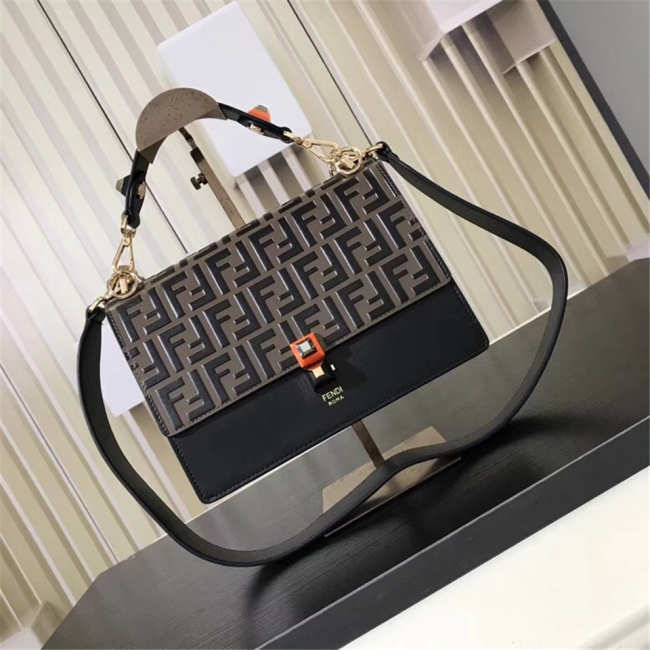 Fendi Kan I Flip Leather Bag in Black and Gray - 1