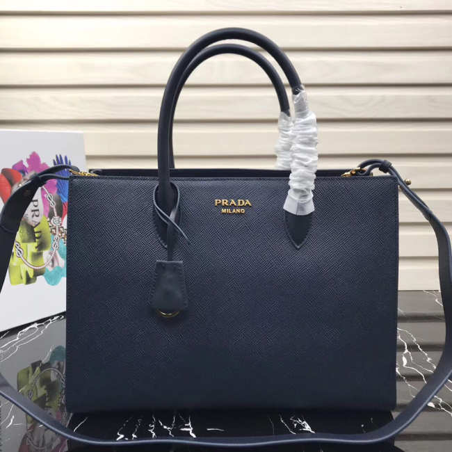 Prada Women's Inverted Pleat Saffiano Leather Satchel in Dark Blue 1BA153 - 1