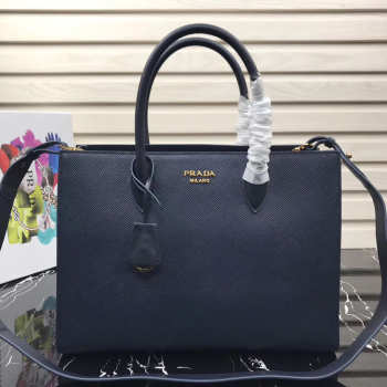 Prada Women's Inverted Pleat Saffiano Leather Satchel in Dark Blue 1BA153