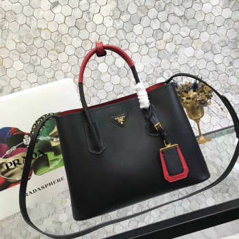 Prada Saffiano Cuir Small Double Leather Bag in Black