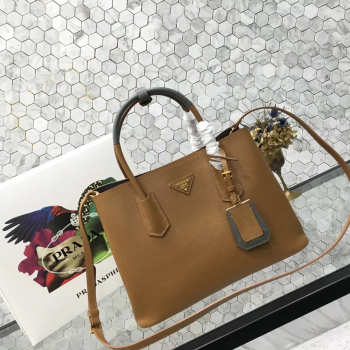 Prada Saffiano Cuir Small Double Leather Bag in Khaki