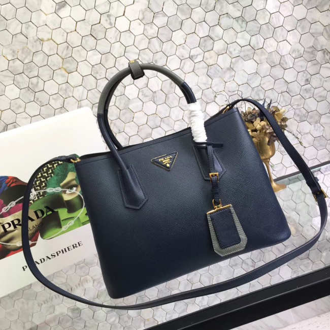 Prada Saffiano Cuir Small Double Leather Bag in Dark Blue - 1