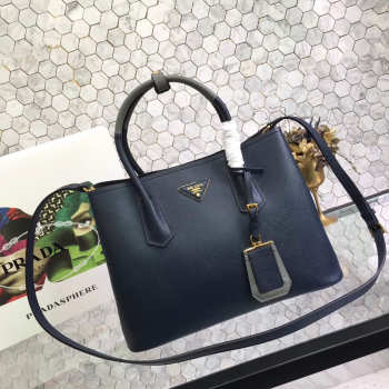 Prada Saffiano Cuir Small Double Leather Bag in Dark Blue