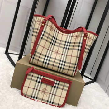 Burberry Original Check Tote Handbag with Red