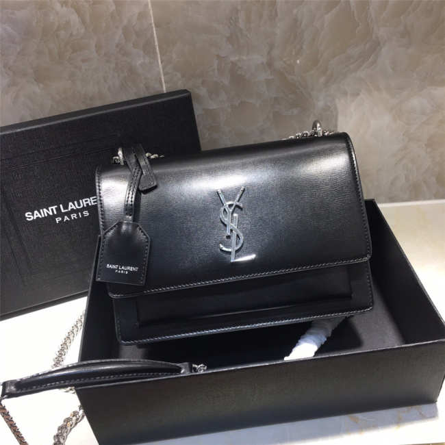 YSL Sunset Leather Crossbody Black Bag with Silver Hardware 22cm - 1