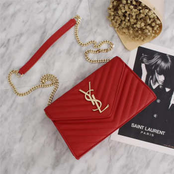 YSL Original Leather 26cm Shoulder Bag Golden Chain 26595 Red