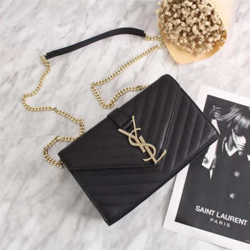 YSL Leather 26cm Shoulder Bag Golden Chain 26596 Black