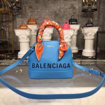 Balenciaga Ville small graffiti logo calfskin bag blue 18SS