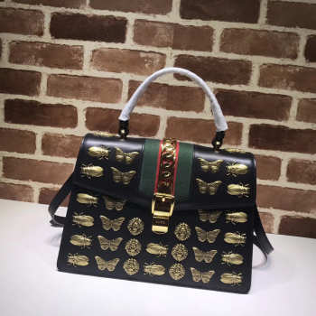 Gucci Sylvie medium top leather handle bag Black 431665