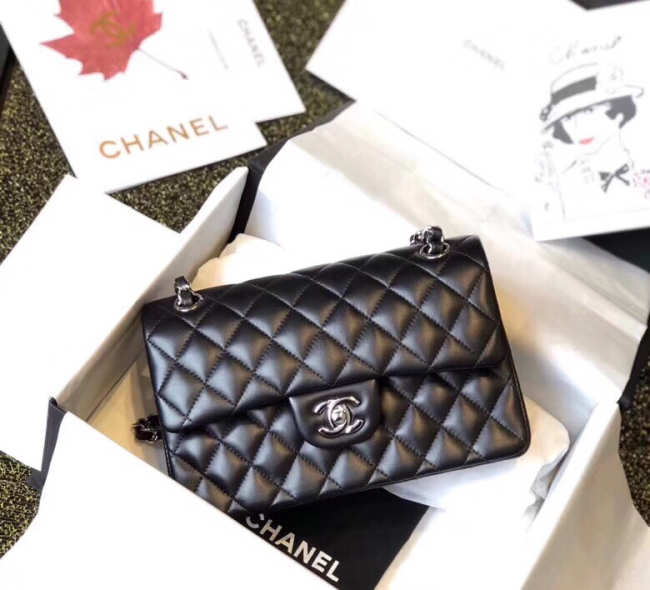 Chanel Double Flap Bag Lambskin Black with Silver Hardware 23cm Bagsaa - 1