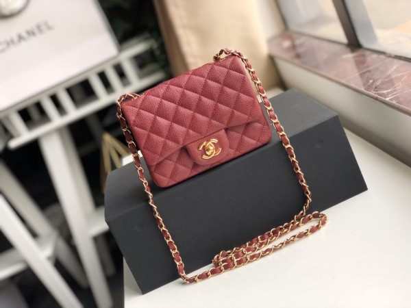 Chanel Flap Bag Caviar Gold Hardware Wine Red 17cm Bagsaa - 1