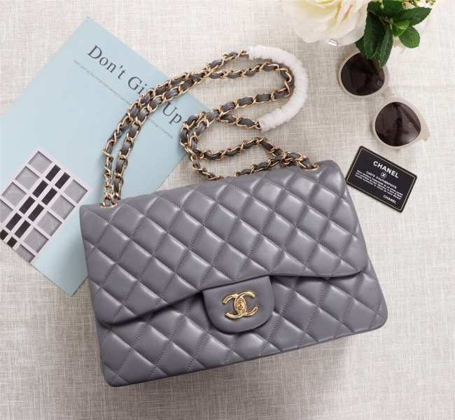 Chanel Flap Bag 1113 30cm Lambskin Gray Gold Hardware - 1