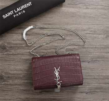 YSL Kate Crocodile Chain Shoulder Bag Dark Red 24cm