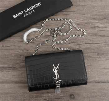 YSL Kate Crocodile Chain Shoulder Bag Black 24cm