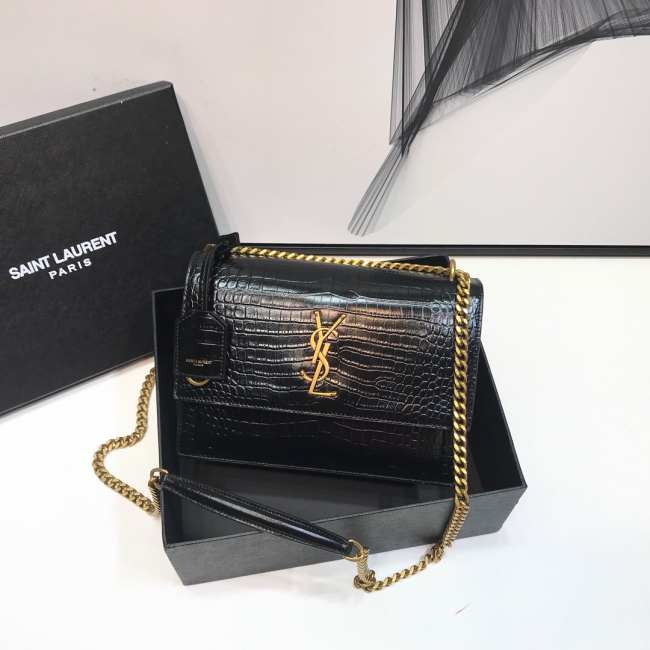 YSL Sunset Crocodile Black Bag with Gold Hardware 22cm - 1