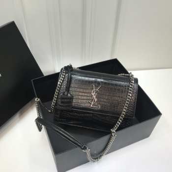 YSL Sunset Crocodile Black Bag with Silver Hardware 22cm