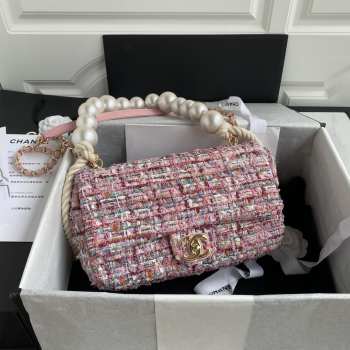 Chanel Tweed Pearl Handle Pink Flap Bag 25cm 