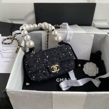 Chanel Tweed Pearl Handle Black Flap Bag 25cm