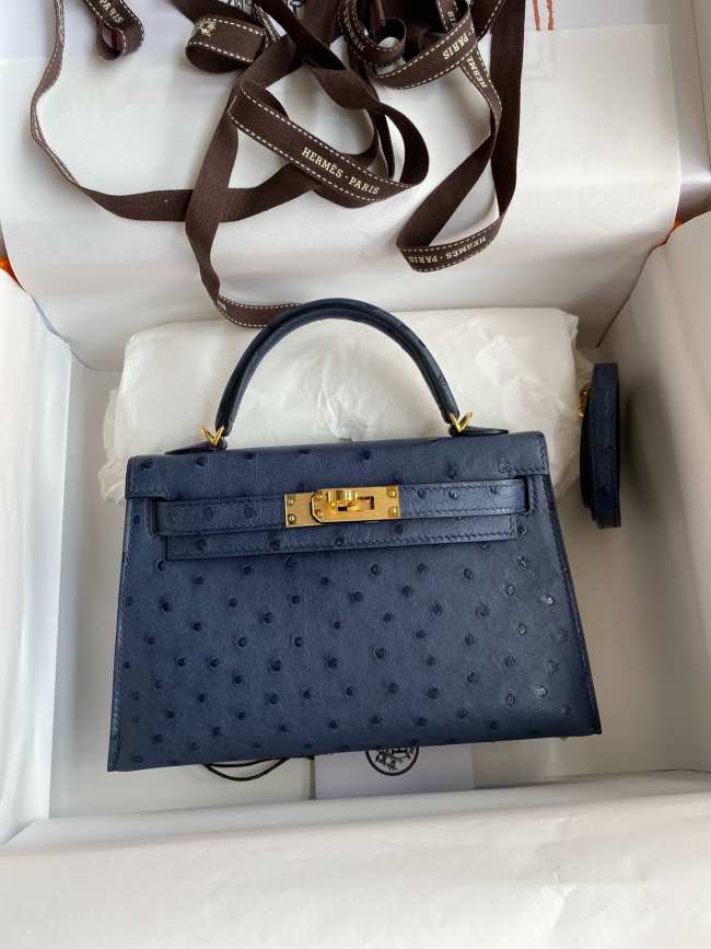 Hermes Ostrich Leather Mini Kelly Blue Bag 19cm - 1