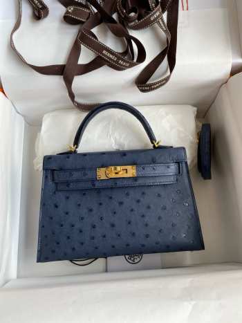 Hermes Ostrich Leather Mini Kelly Blue Bag 19cm