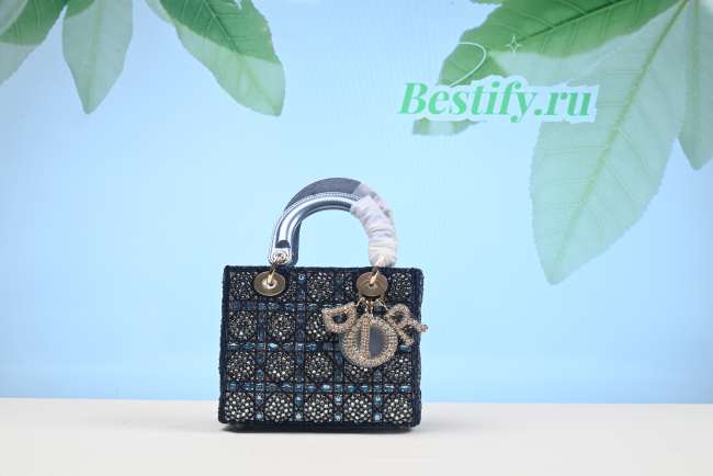 DIOR Metallic Satin Celestial Bead Embroidery Cannage Mini Lady Dior Blue 20cm - 1