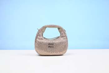 MiuMiu Wander Satin and Silk Mini Hobo Bag with Synthetic Crystals Sand Beige 17cm