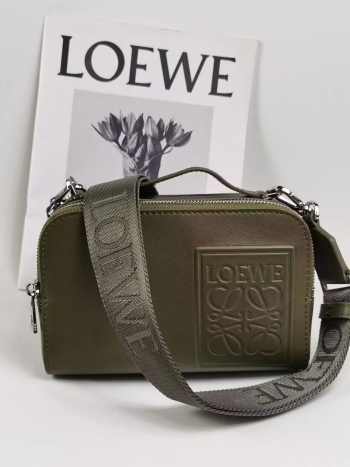 Loewe Mini Camera Crossbody Khaki Green bag in satin calfskin 18cm