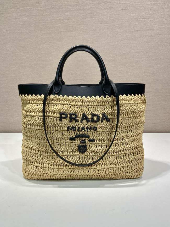 Prada Leather-trimmed Woven Tote Bag - 1