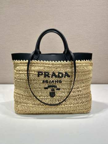 Prada Leather-trimmed Woven Tote Bag