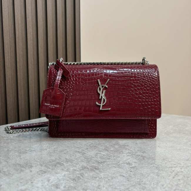 YSL Sunset Crocodile Red Bag with Silver Hardware 22cm - 1