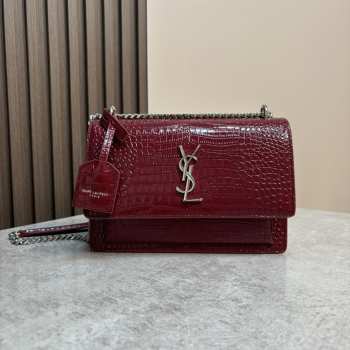 YSL Sunset Crocodile Red Bag with Silver Hardware 22cm