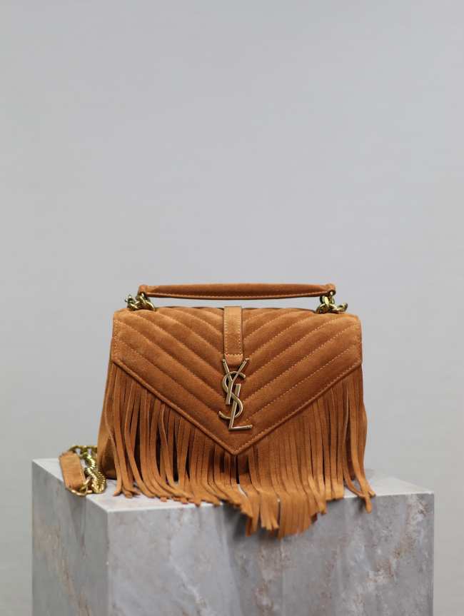 YSL Medium College Fringed Shoulder Brown 24cm - 1