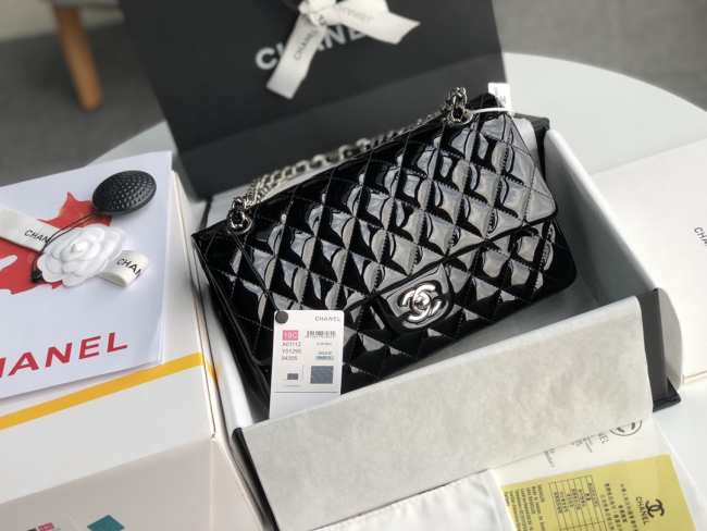 Chanel Classic Flap Quilted Patent Leather Silver-tone Black 25.5cm - 1