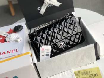 Chanel Classic Flap Quilted Patent Leather Silver-tone Black 25.5cm