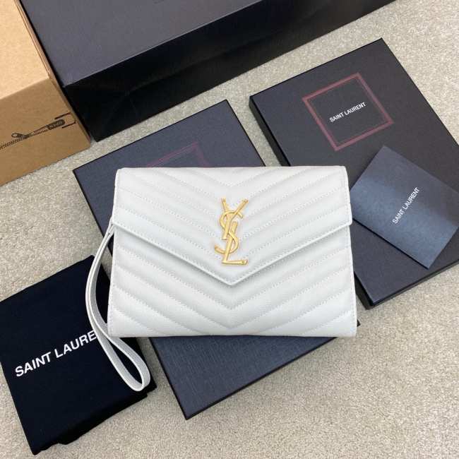 YSL Cassandre Matelassé Flap Pouch In Grain De Poudre Leather White 21cm - 1