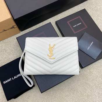 YSL Cassandre Matelassé Flap Pouch In Grain De Poudre Leather White 21cm