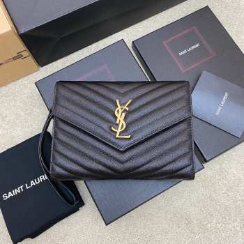 YSL Cassandre Matelassé Flap Pouch In Grain De Poudre Leather Black 21cm